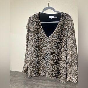 Calvin Klein Leopard Print V-Neck Blouse in Taupe and Black, women 1X